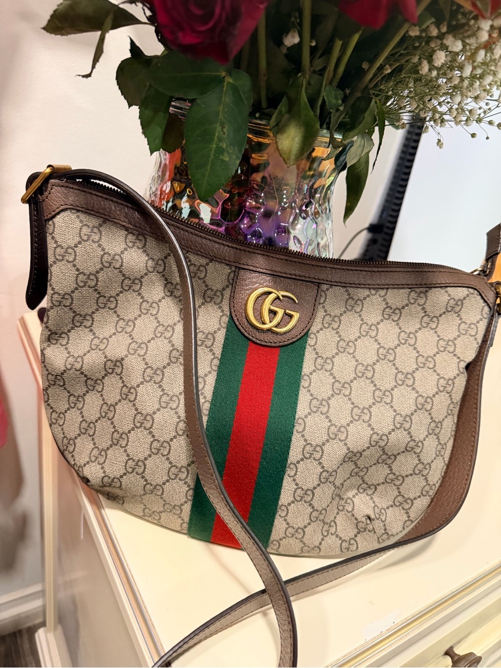 Gucci GG  ophidia half moon Supreme Web Stripe Shoulder Bag in Beige/Brown - Picture 3 of 16